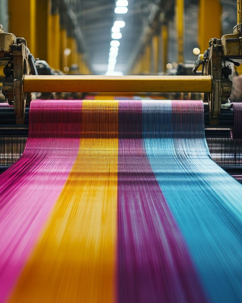 A textile factory setting showcasing a close-up view of a high-speed weaving machine with colorful threads. The vibrant stripes symbolize industry, production, creativity, innovation, and the  flow of textile manufacturing.